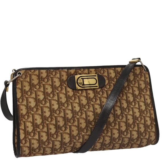 DIOR Trotter Canvas Shoulder Bag Beige Dark Brown Gold - Picture 1 of 16